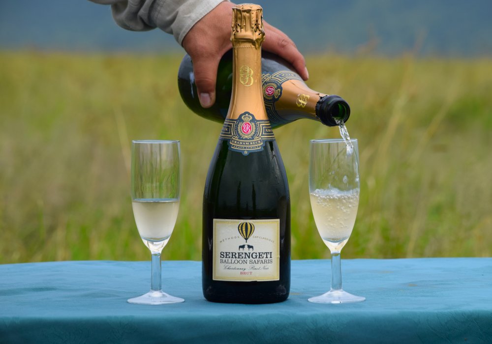 Champagne celebration after balloon safari in Serengeti National Park